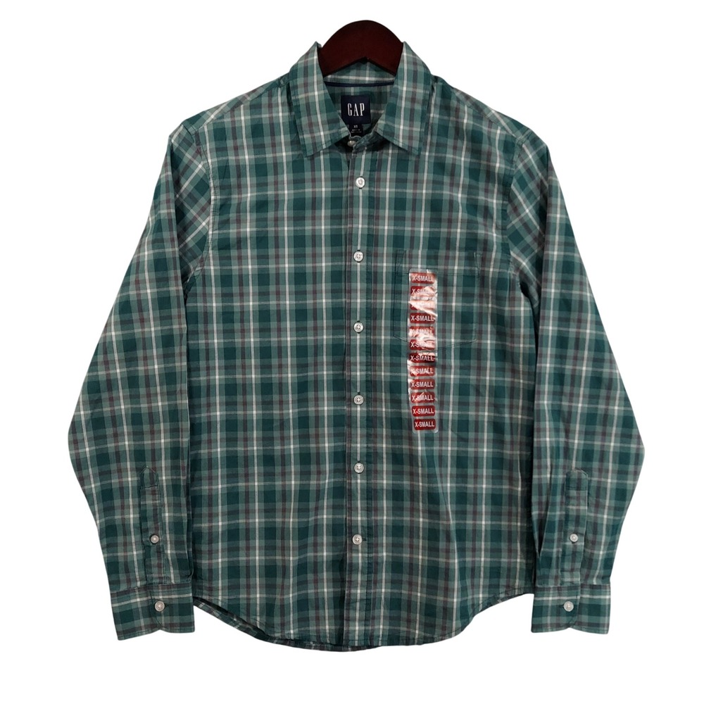 GAP Poplin Shirt Men XS Green Plaid Long Sleeve Button Down Stretch 12560